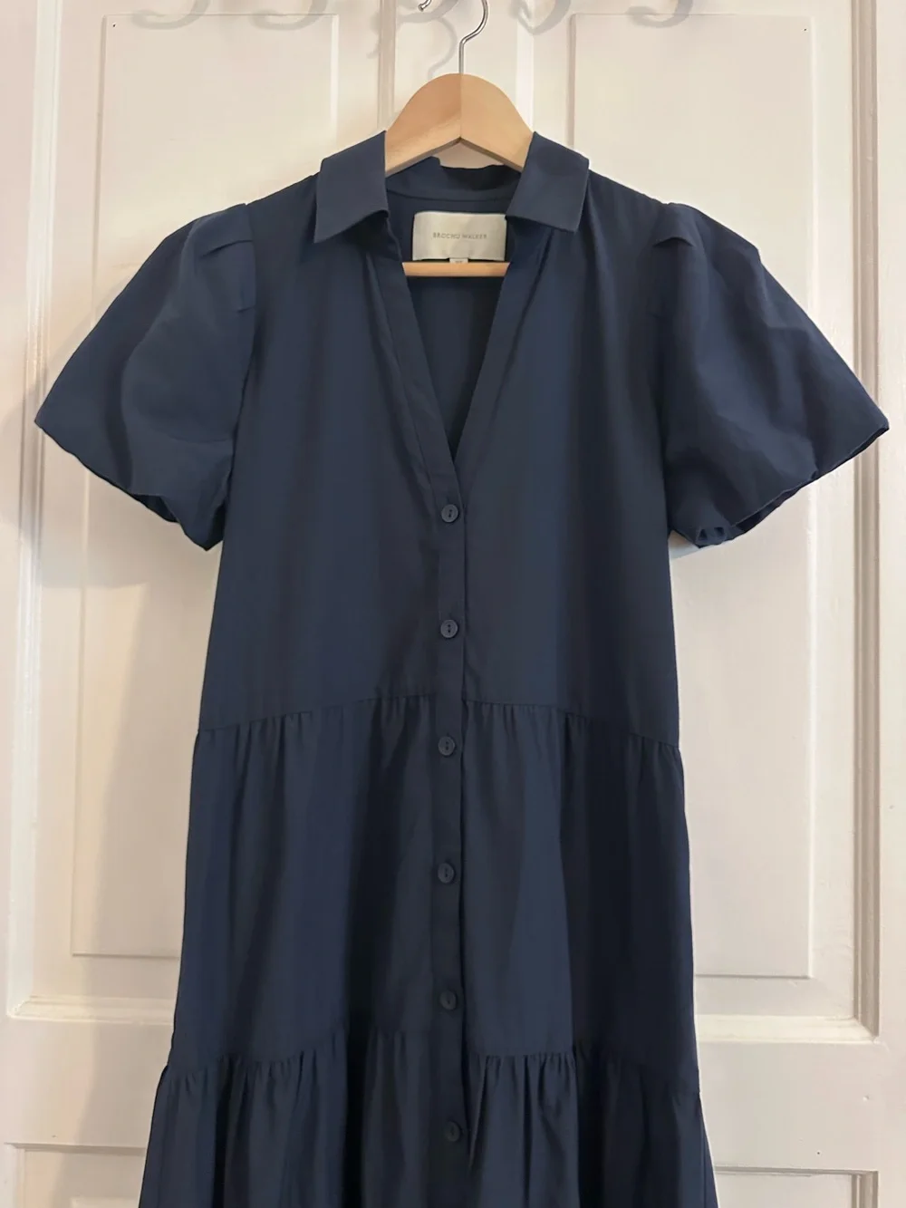 Brochu Walker Havana Dress in Navy Blue Midi Tiered Shirt Puff Sleeve Size XS